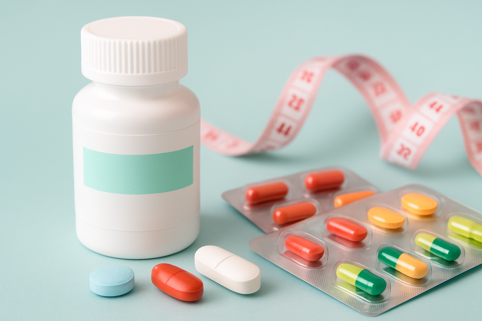 Verschiedene Medikamente und Semaglutid-Pen zur Veranschaulichung von Wechselwirkungen